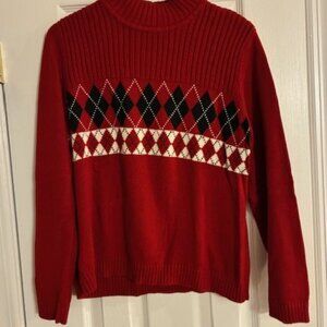 Liz Claiborne Crazy Horse Women's Red Black Argyle Preppy Mockneck Sweater Sz XL